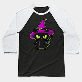 Cute Black Cat With Witch Hat For Halloween Baseball T-Shirt